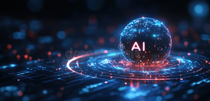 Futuristic glowing artificial intelligence sphere in a digital matrix concept stock photography