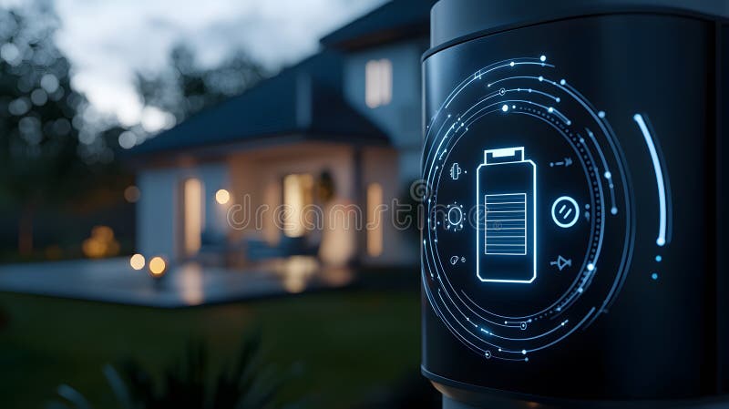 Futuristic Glowing Battery Indicator Embedded in a Modern Home Environment at Dusk with Soft Lighting royalty free illustration