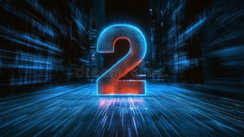 Futuristic Glowing Blue Number Two on Digital Backdrop with Binary Flow and Light Effects, Tech Art stock illustration
