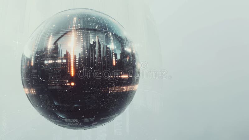 Futuristic glowing cityscape inside a reflective sphere stock images