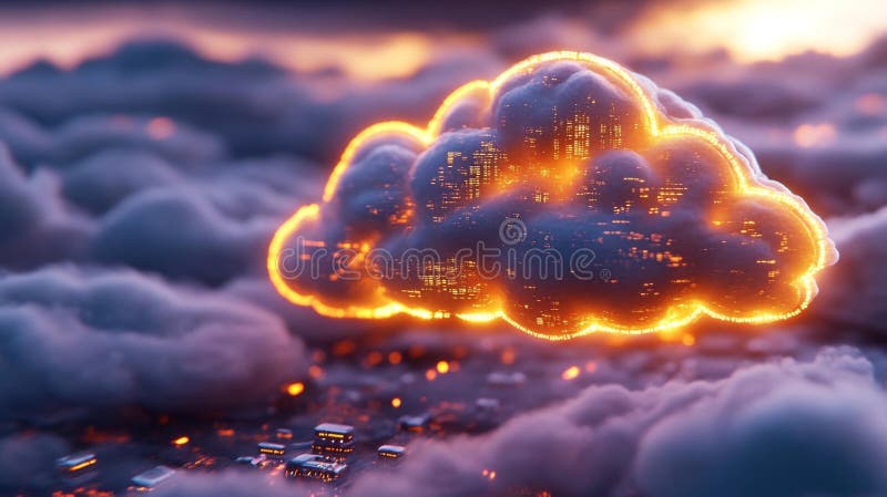 Futuristic Glowing Cloud with City Lights royalty free illustration