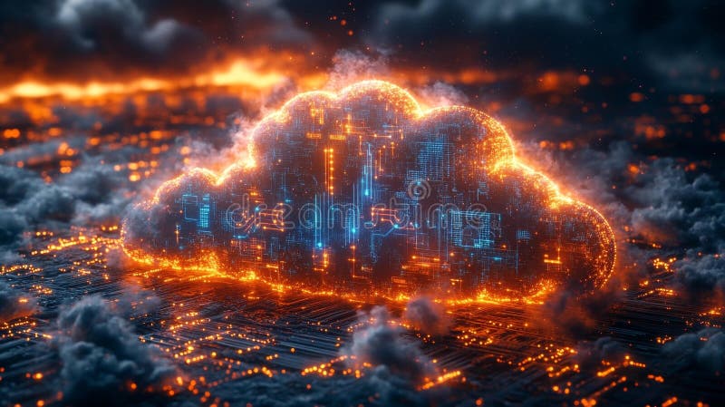 Futuristic Glowing Cloud Surrounded by Digital Tech and Flames royalty free illustration