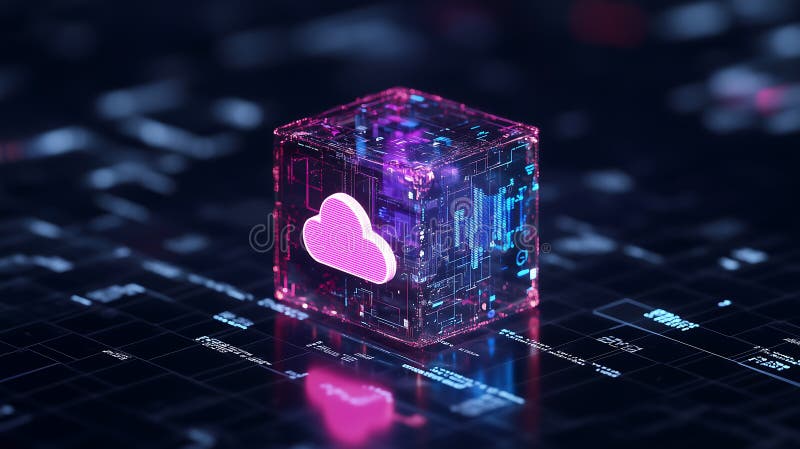 A futuristic glowing cube with a cloud icon, representing cloud computing and data storage royalty free illustration