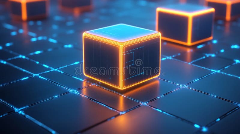 Futuristic Glowing Cubes on Circuit Board, Abstract Technology Background, 3D Illustration stock illustration