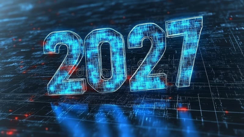 Futuristic Glowing 3D Numbers 2027 on Abstract Digital Background, Concept of Digital Technology royalty free illustration