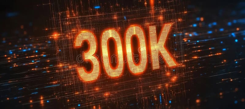 Futuristic Glowing Digital Binary Code Number 300K Three Hundred Thousand Background. vector illustration