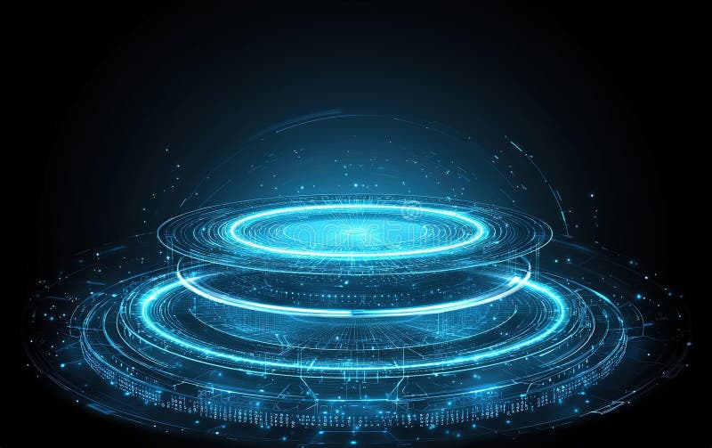 Futuristic glowing digital interface design with concentric circles and data patterns in a dark setting stock illustration