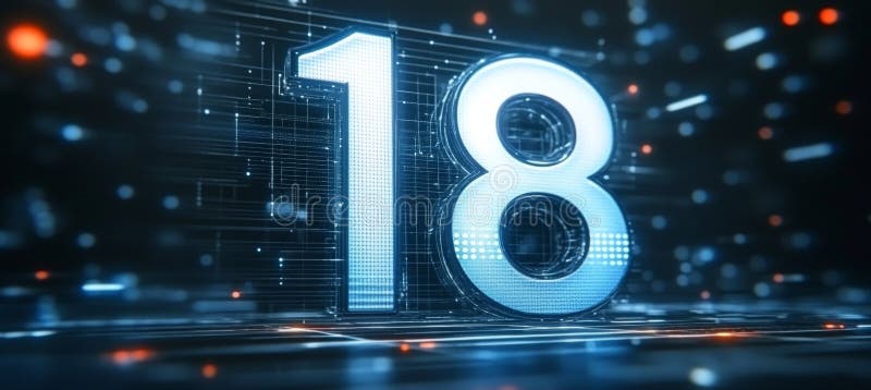 Futuristic Glowing Digital Number Eighteen in a High-Tech Atmosphere with Abstract Background Design stock illustration