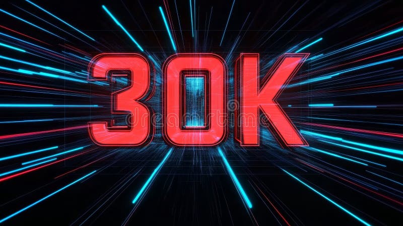 Futuristic glowing digital number thirty thousand on abstract cyberspace backdrop in hi-tech style stock illustration