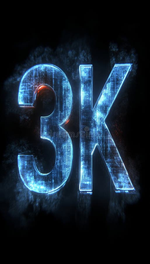 Futuristic Glowing Digital Numeral 3K with Abstract Grunge Texture on a Black Background stock illustration