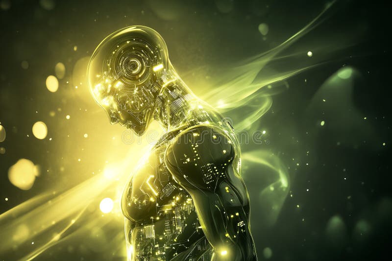 Futuristic glowing humanoid robot with digital circuits, abstract technology. royalty free stock photography