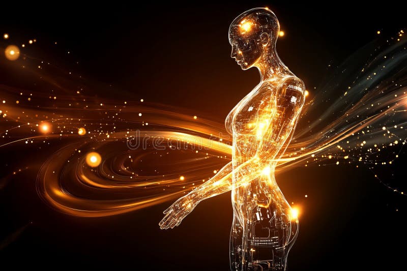 Futuristic glowing humanoid robot with digital circuits, abstract technology. royalty free stock photos