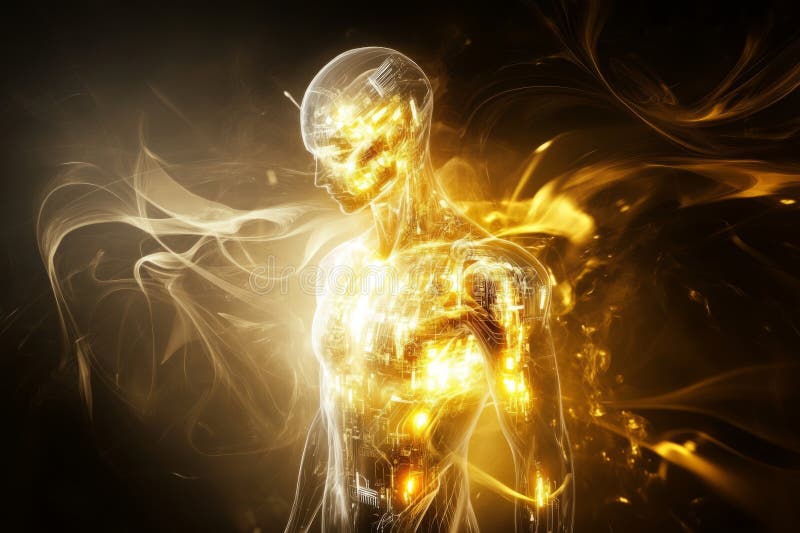 Futuristic glowing humanoid robot with digital circuits, abstract technology. stock photography