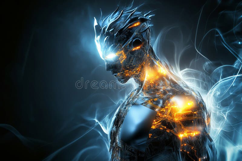 Futuristic glowing humanoid robot with digital circuits, abstract technology. stock photo