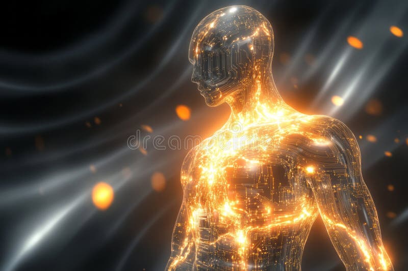 Futuristic glowing humanoid robot with digital circuits, abstract technology. stock image