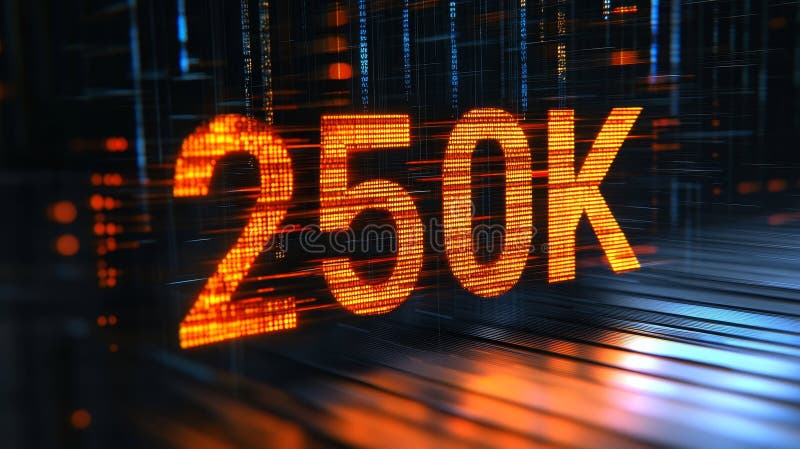 Futuristic Glowing 250K Digital Display Representing Achievement and Progress in Three Dimensions royalty free illustration