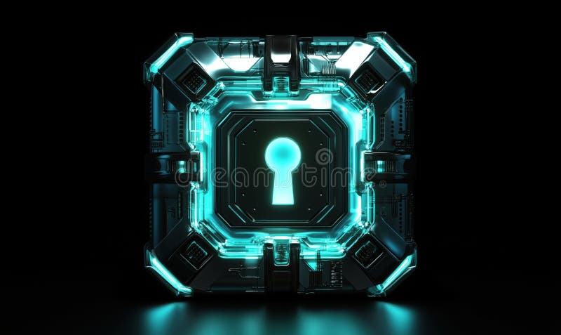 Futuristic glowing lockbox with keyhole, illuminated by neon blue light, showcasing intricate technology and design royalty free stock photos