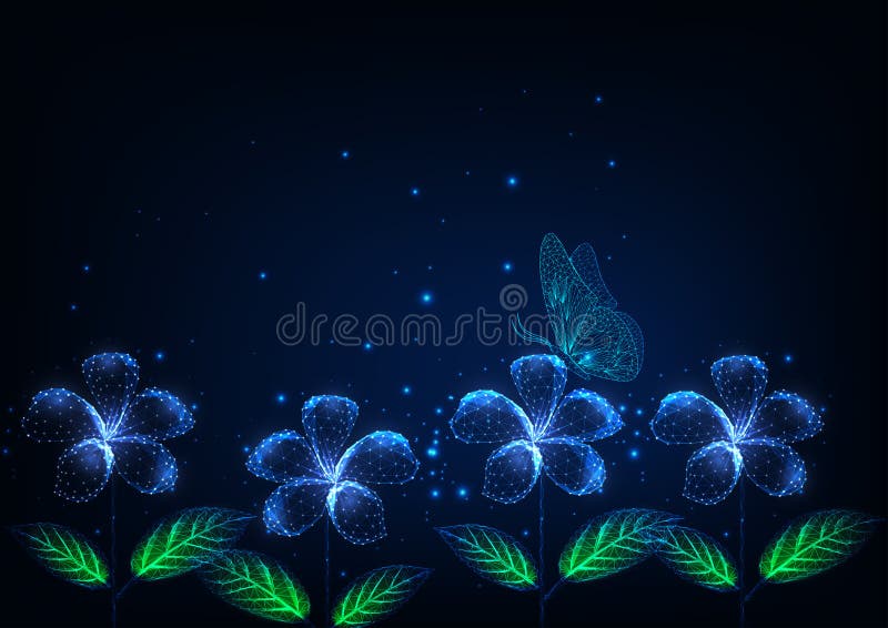 Futuristic glowing low polygonal beautiful flowers and butterfly at night landscape