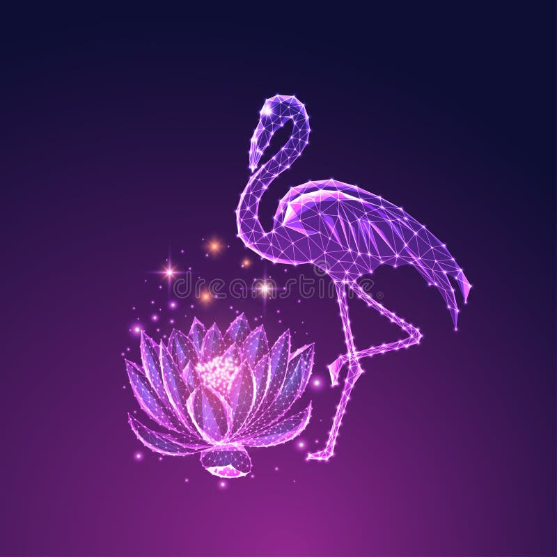 Futuristic glowing low polygonal beautiful standing flamingo and lotus flower i