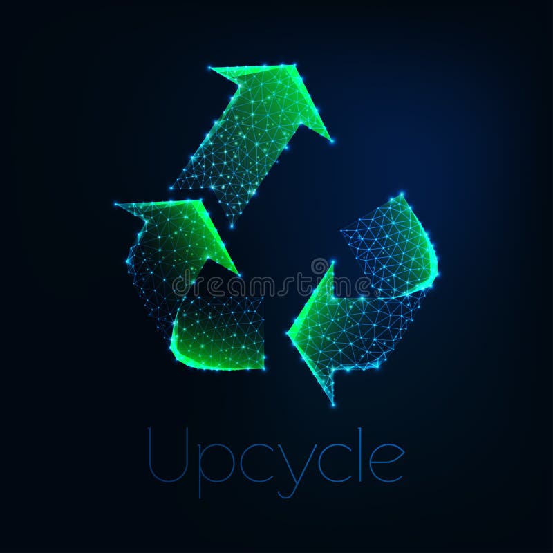 Futuristic glowing low polygonal green upcycle symbol isolated on dark blue background.