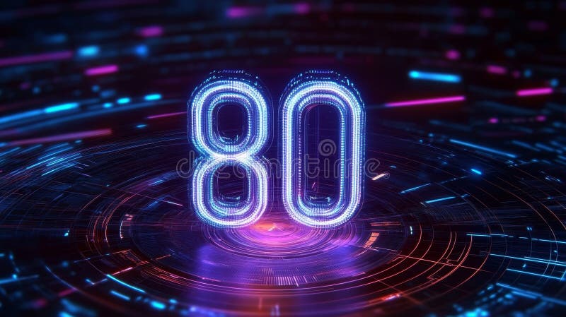 Futuristic Glowing Number 80 on Concentric Digital Technology Background, Digital Art royalty free illustration