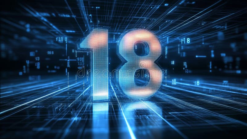 Futuristic Glowing Number Eighteen Surrounded by Digital Lines and Data Blocks in Abstract Design vector illustration