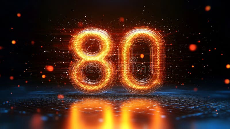 Futuristic Glowing Particles Forming the Number 80 Celebratory Virtual Reality and Digital Concept. stock illustration