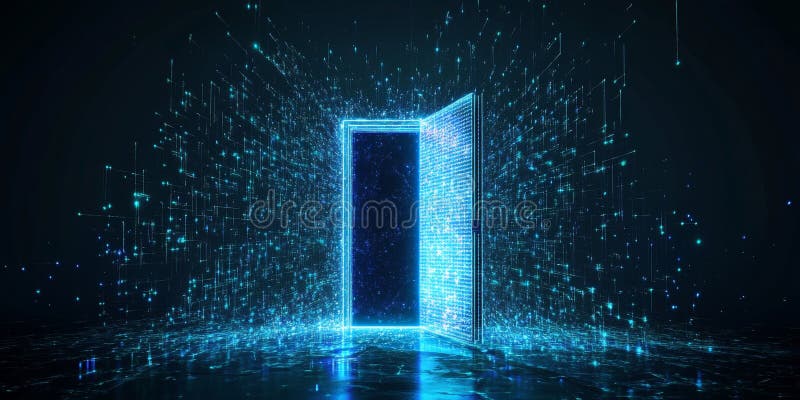 Futuristic Glowing Portal with Blue Glitch Effects, Representing Digital Transformation royalty free illustration