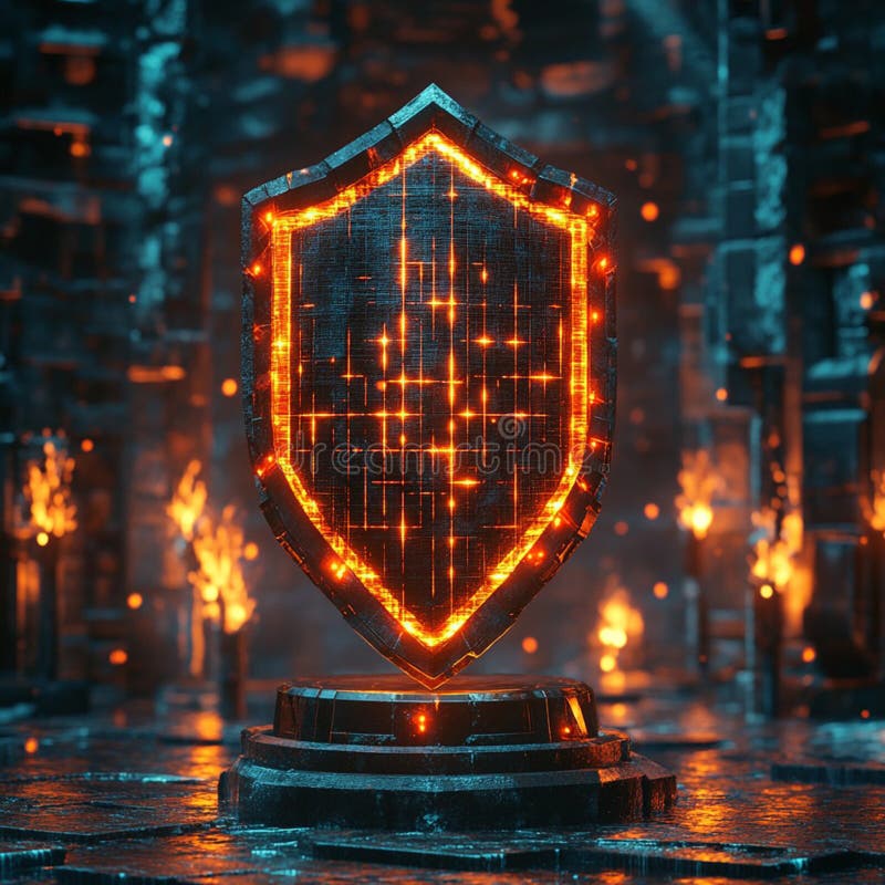 Futuristic Glowing Shield in a Dark Fantasy Setting. stock illustration
