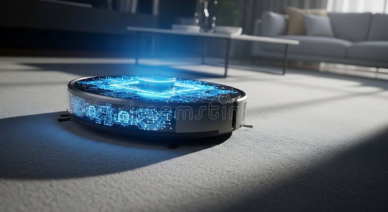 Futuristic glowing smart device with blue digital interface emitting light on a textured surface royalty free illustration