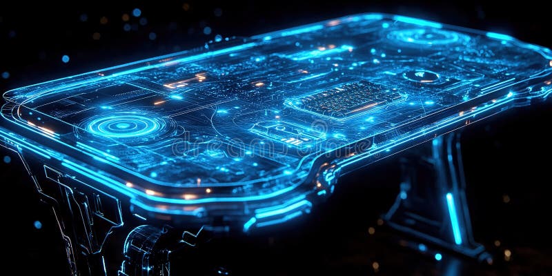 Futuristic glowing table design featuring intricate circuitry and luminous technology elements stock illustration