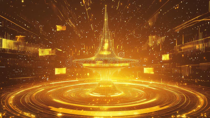 Abstract digital system visualizing information flow and connection within a glowing golden cyberspace, representing advanced quantum computing and data analysis. Blockchain network analysis stock images, royalty-free photos and pictures