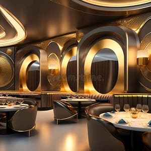 Futuristic Golden Luxury Restaurant Dining Layout Design Interior 