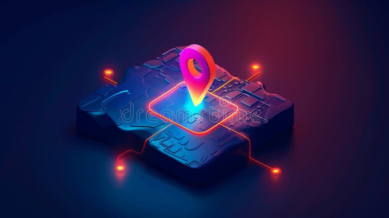Futuristic GPS location marker on digital map. Glowing tech style with vibrant colors. design for tech royalty free illustration.