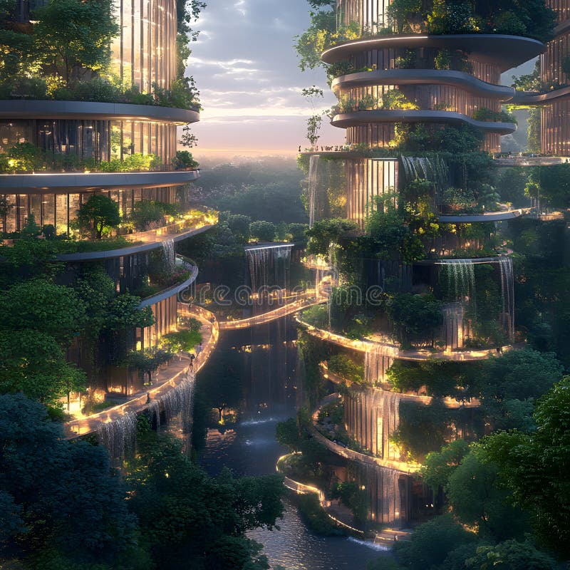 Futuristic Green Cityscape Illuminated Pathways and Cascading Waterfalls royalty free illustration