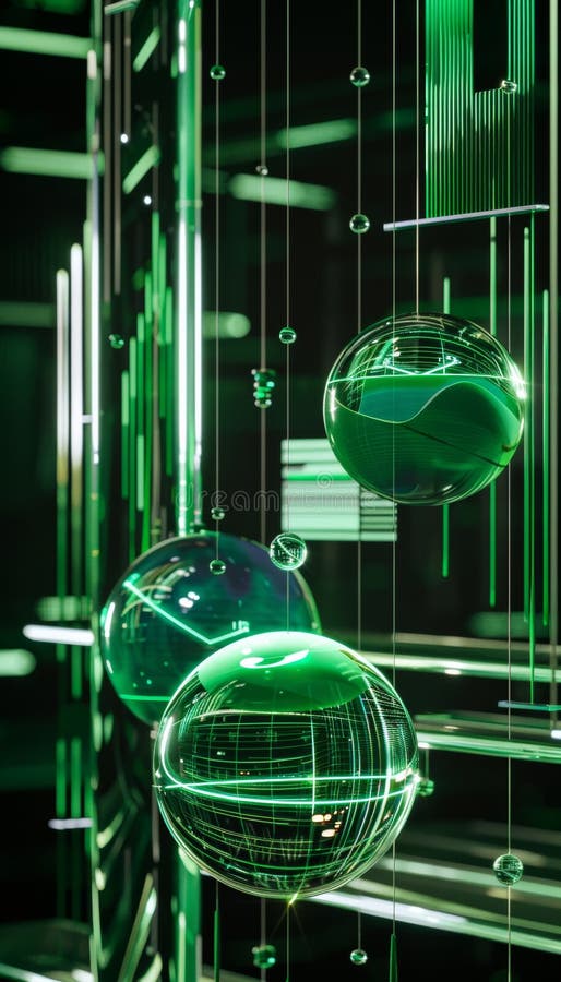 Futuristic green glass charts suspended in zero gravity on a black backdrop showcasing transparency royalty free illustration