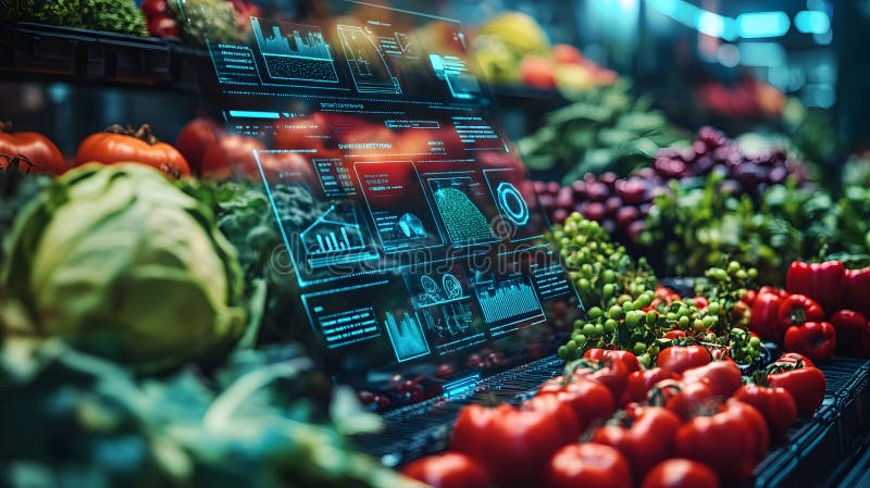 Futuristic Grocery Display Fresh Produce with Digital Nutritional Overlay stock illustration