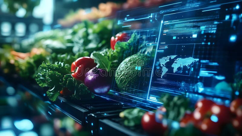 Futuristic Grocery Display Fresh Produce with Holographic Global Data Interface stock illustration