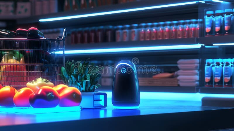 Futuristic grocery ordering with voice assistant in minimalistic setup. Generative AI. A user interacts with a glowing device to order groceries while surrounded by colorful produce