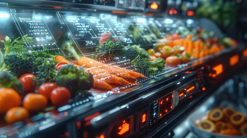 Futuristic Grocery Store Display with Fresh Vegetables, Generative AI vector illustration