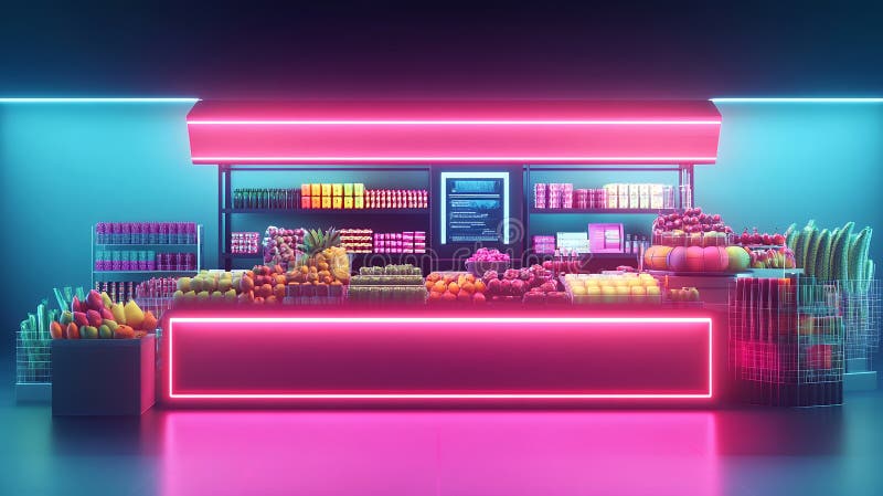 Futuristic grocery store display with vibrant neon lighting and fresh produce vector illustration