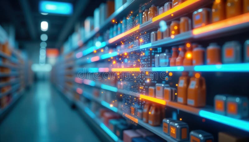 Futuristic grocery store with shelves displaying products. Advanced tech integration evident. Digital interface shows product stock illustration