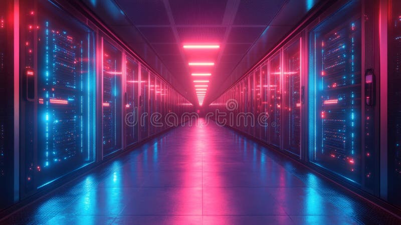 Futuristic Data Center Hall with Neon Lights Generative AI vector illustration