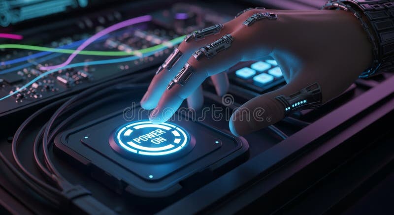Futuristic Hand Activates System Power - Cyberpunk aesthetic, technological advancement, artificial intelligence stock illustration
