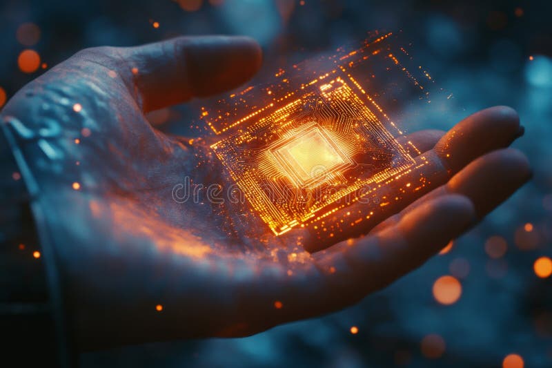 Futuristic hand with a glowing microchip, representing innovation in advanced computing technology vector illustration