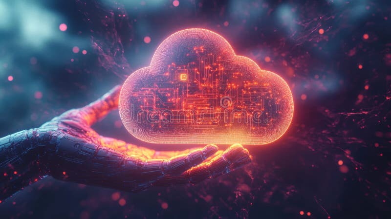 Futuristic hand holding a glowing digital cloud symbol vector illustration
