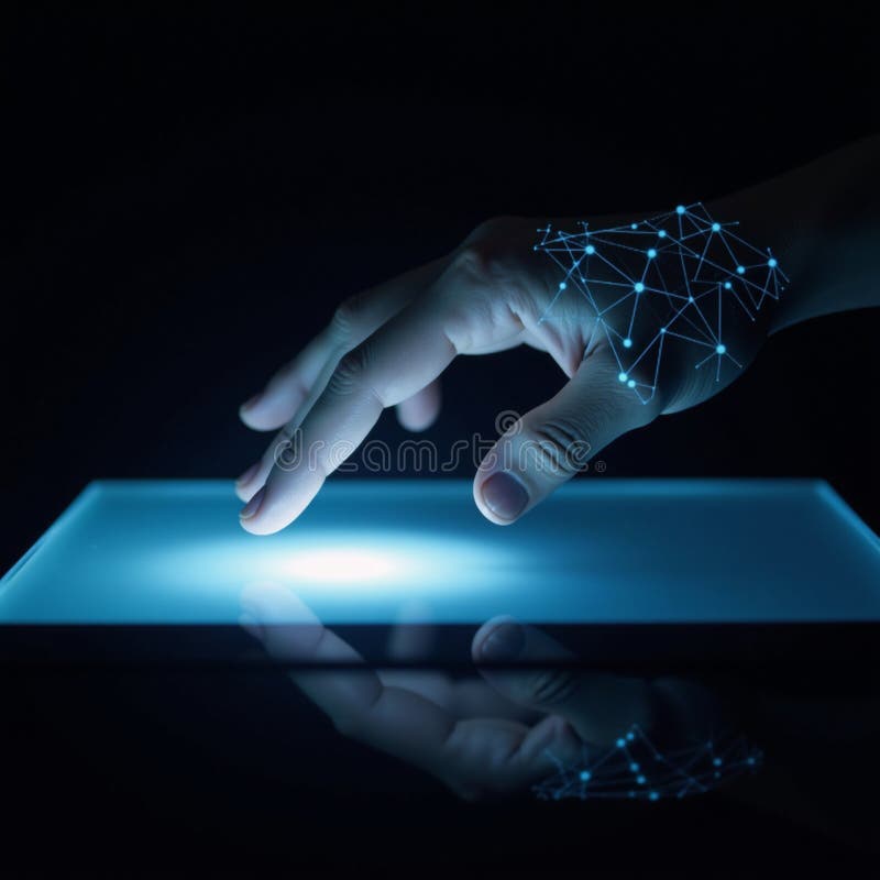 A futuristic hand hovers over a glowing blue digital interface made up of intricate patterns royalty free illustration