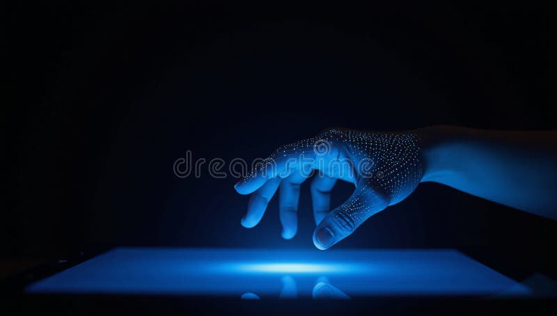 A futuristic hand hovers over a glowing blue digital interface made up of intricate patterns royalty free illustration