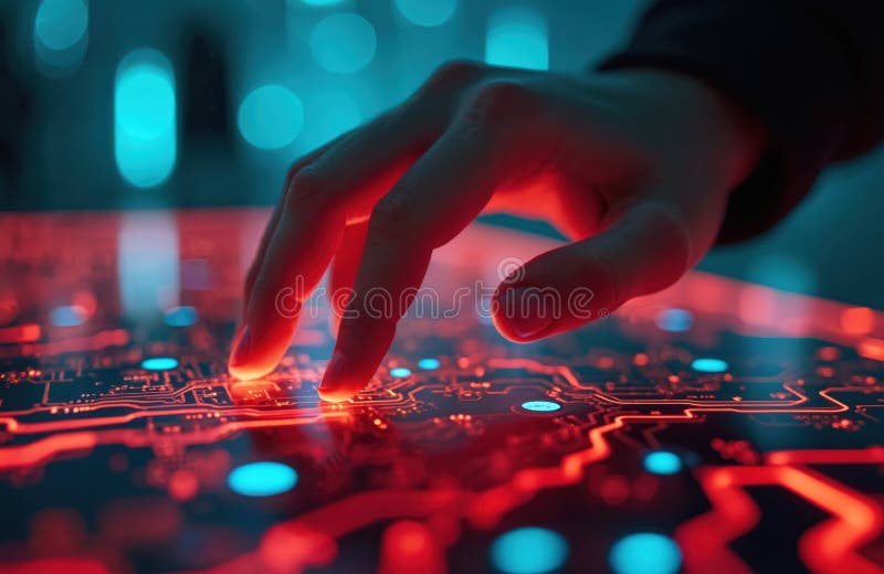 Futuristic hand interacts with glowing neon circuit board interface. Digital technology concept with bright red and blue lights royalty free illustration