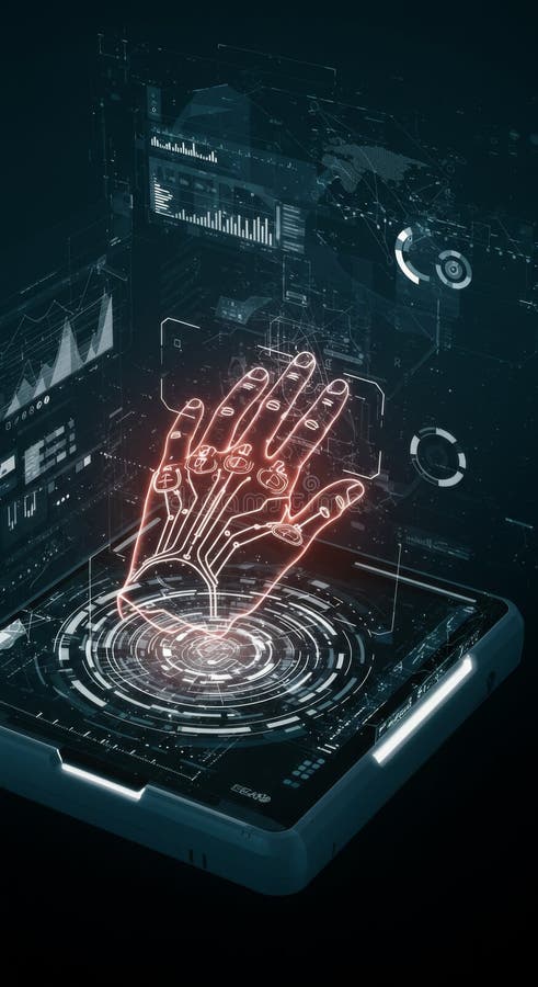 Futuristic Hand Scan Interface with Glowing Red Lines vector illustration